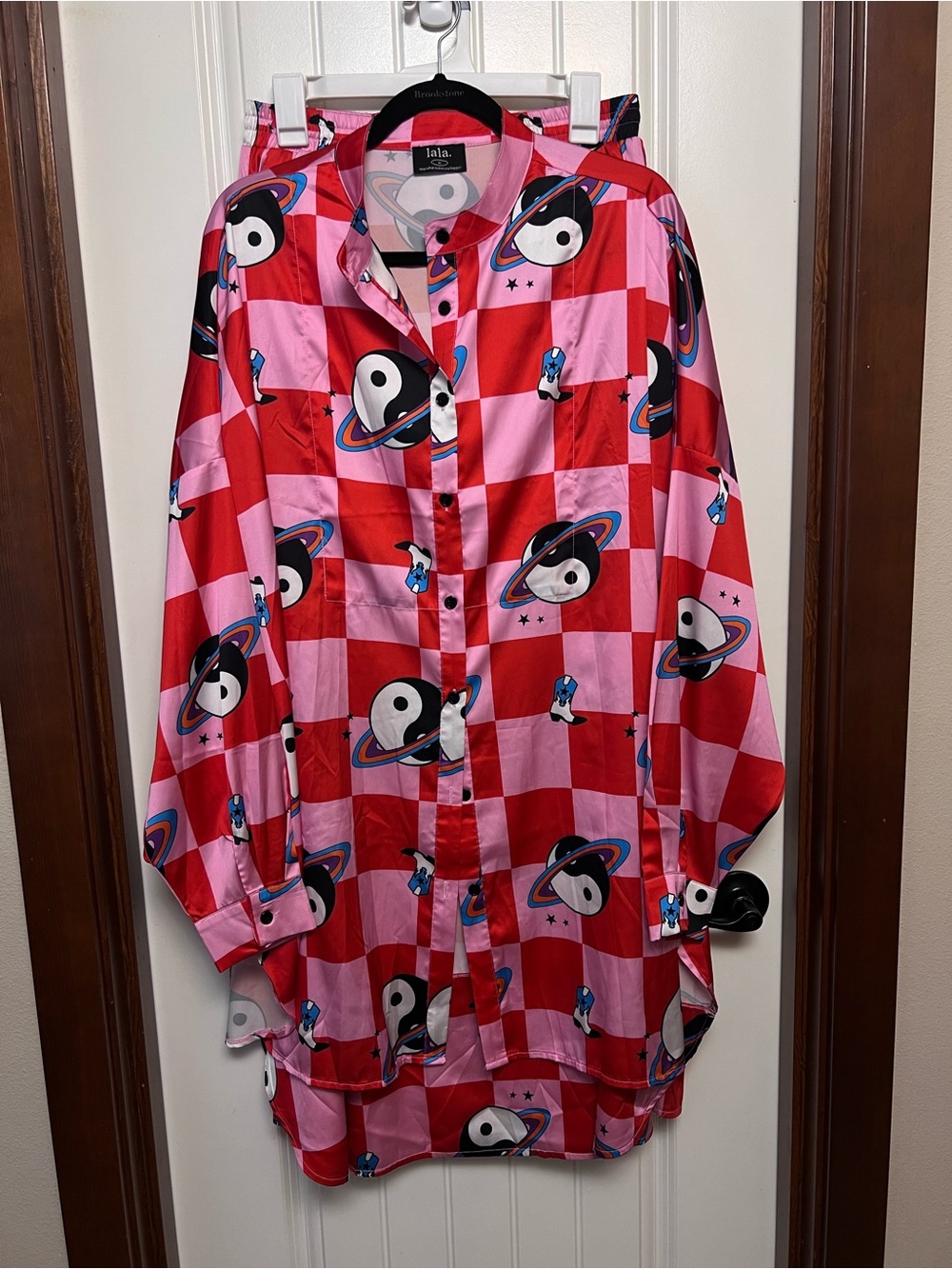 Dressed in LALA Red and Pink Planet Yin-Yang Button-Front Pajama Top
